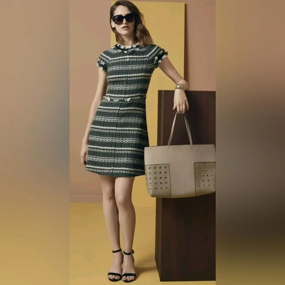 TORY BURCH Norfolk Green Black/Green Tweed Cap Sleeves A-line Sequin Dress $395